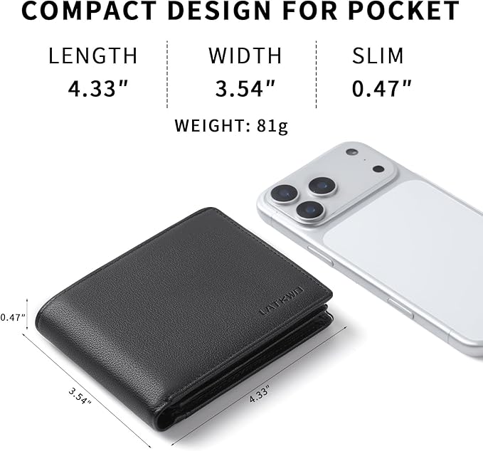 LATKWO Mens Wallet - Genuine Leather Bifold RFID Blocking Slim Front Pocket Large Capacity with 10 Card Slots, 2 ID Windows & 2 Cash Pockets - Heavy Duty Stitched Gift for Men (Black)