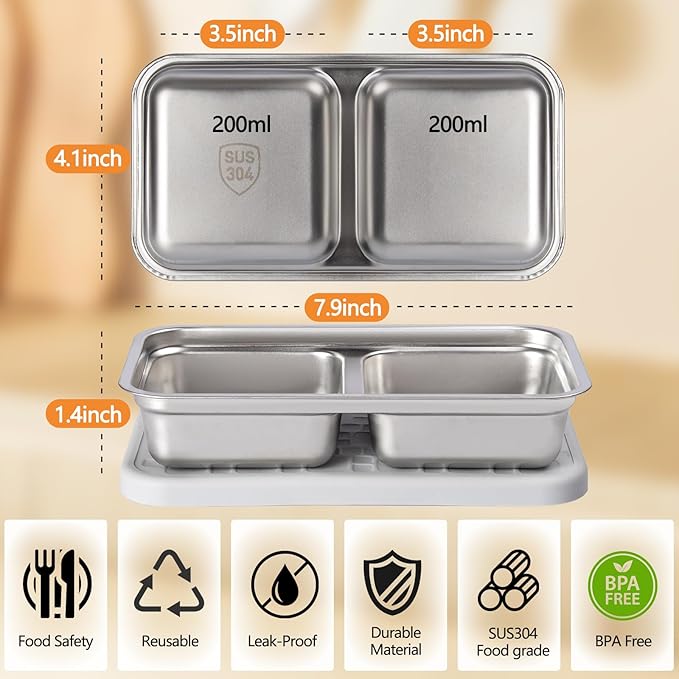 PTYTIFY 2 Pack Stainless Steel Snack Containers with Lids, 2 Compartment Snack Containers, Reusable Food Containers for Home, Travel, Outdoor