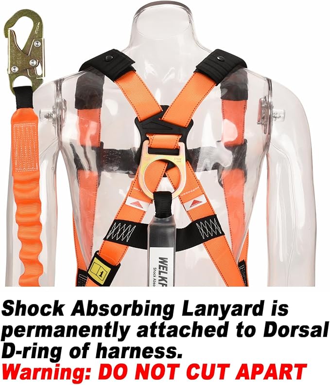 WELKFORDER 2-PACK 1D-Ring Industrial Fall Protection Safety Harness with 6-Foot Shock Absorber Stretchable Lanyard | Permanent attached Kit | ANSI Compliant Personal Fall Arrest System(PFAS)