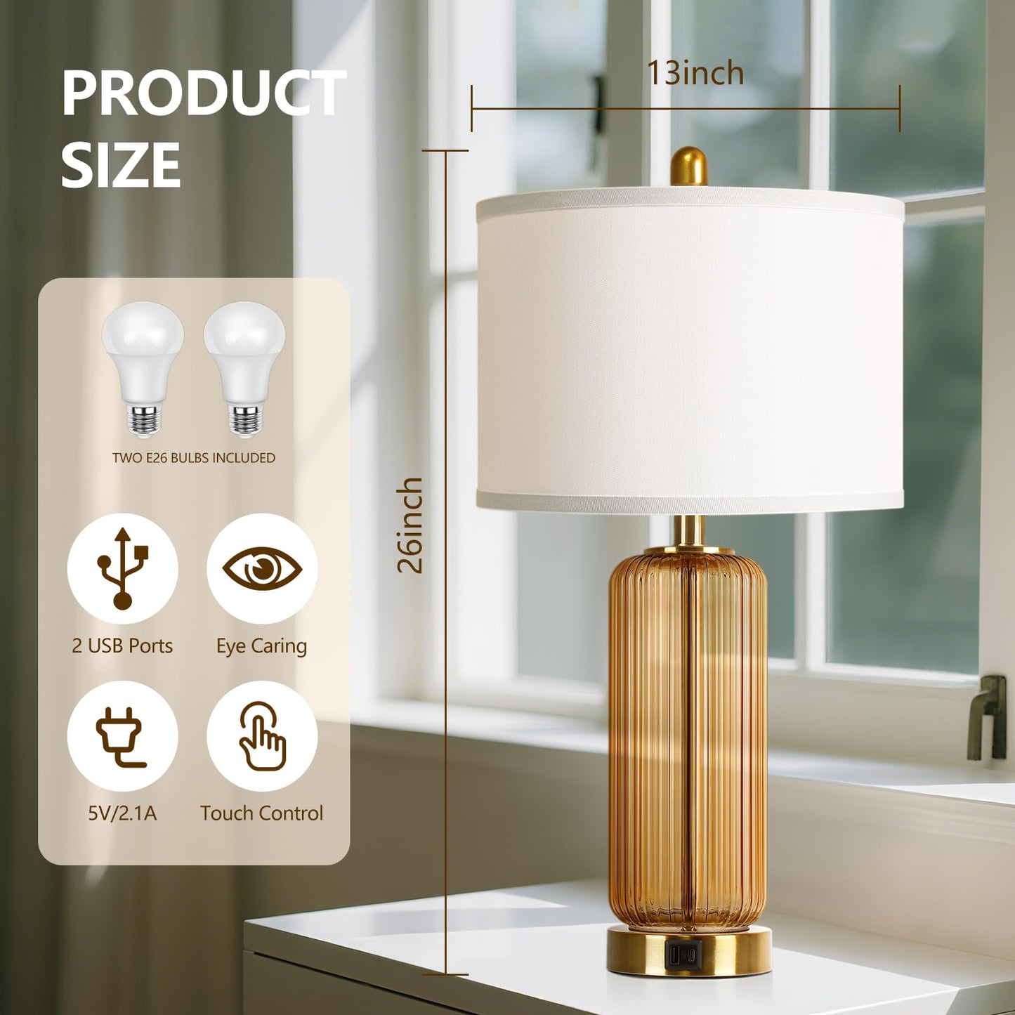 Table Lamps Set of 2 with Touch Control, 3-Way Dimmable Nightstand Lamp with Vertical Grained Glass, Bedside Table Lamps, 27" Modern Glass Bedside Lamps with USB A+C Ports, Brown Desk Lamp for Bedroom