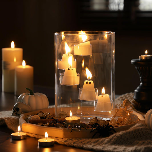 Reallnaive Halloween Glass Hurricane Candle Holder with Candles and Tea Light Clear Cylinder Pillar Candle Holder for Halloween Table Centerpiece Decorations (13 Candles,Single Style)