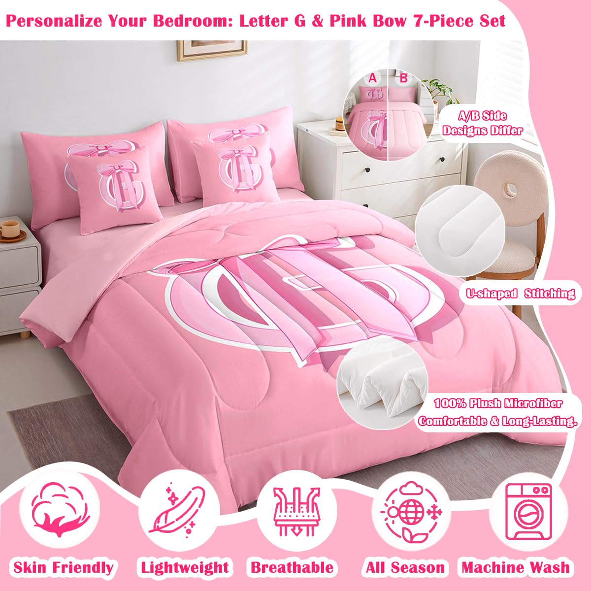 jejeloiu Dreamy Bow Bed Set, Queen Size, Decor Gifts for Women Teen Girl Ultra Soft Initial Letter G 7 Pieces Beeding Set, Monogrammed Bed in a Bag with Comforter, Sheets, Pillowcases Kawaii Pink