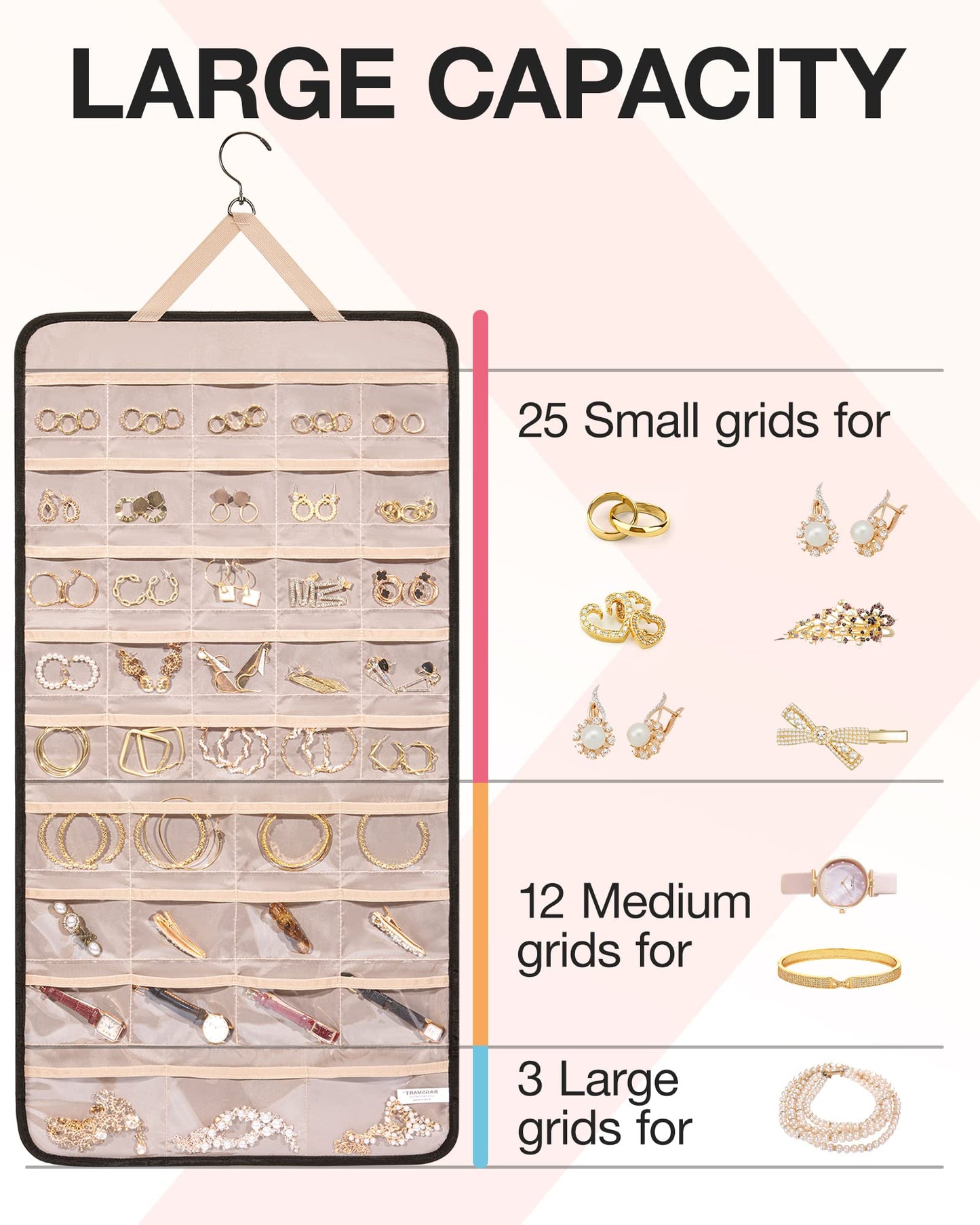 BAGSMART Hanging Jewelry Organizer Storage Roll with Hanger Metal Hooks Double-Sided Jewelry Holder for Earrings, Necklaces, Rings on Closet, Wall, Door, 1 piece, Extra Large, Black