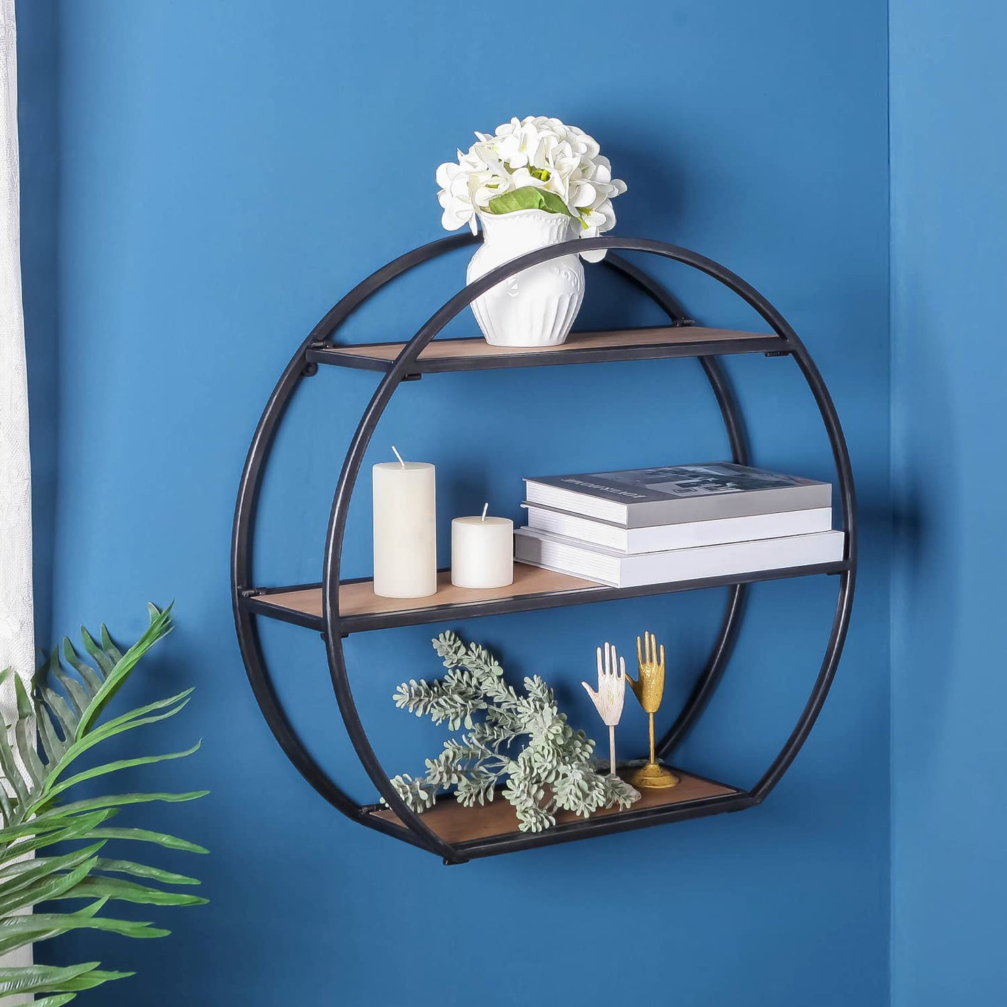 Synovana 3 Tier Industrial Style Foldable Semi-Circle Shaped Wall Shelves