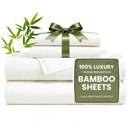 Love's cabin 4 Piece Queen Sheet Set, 100% Rayon Derived from Bamboo, Cooling & Breathable, Soft Silky Deep Pocket up to 16", Hotel Luxury Bedding for Hot Sleepers, White