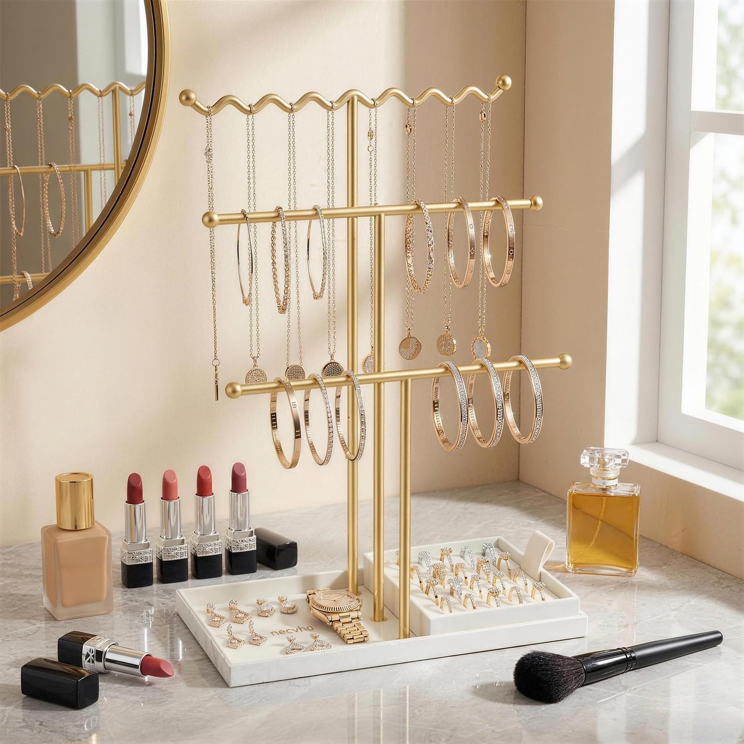 necvha Jewelry Stand Holder Organizer, 3 Tier Bracelet Holder Display with Detachable Velvet Tray, Elegant Jewlery Tower for Display Bracelet, Necklace, Earrings, Rings (Beige)