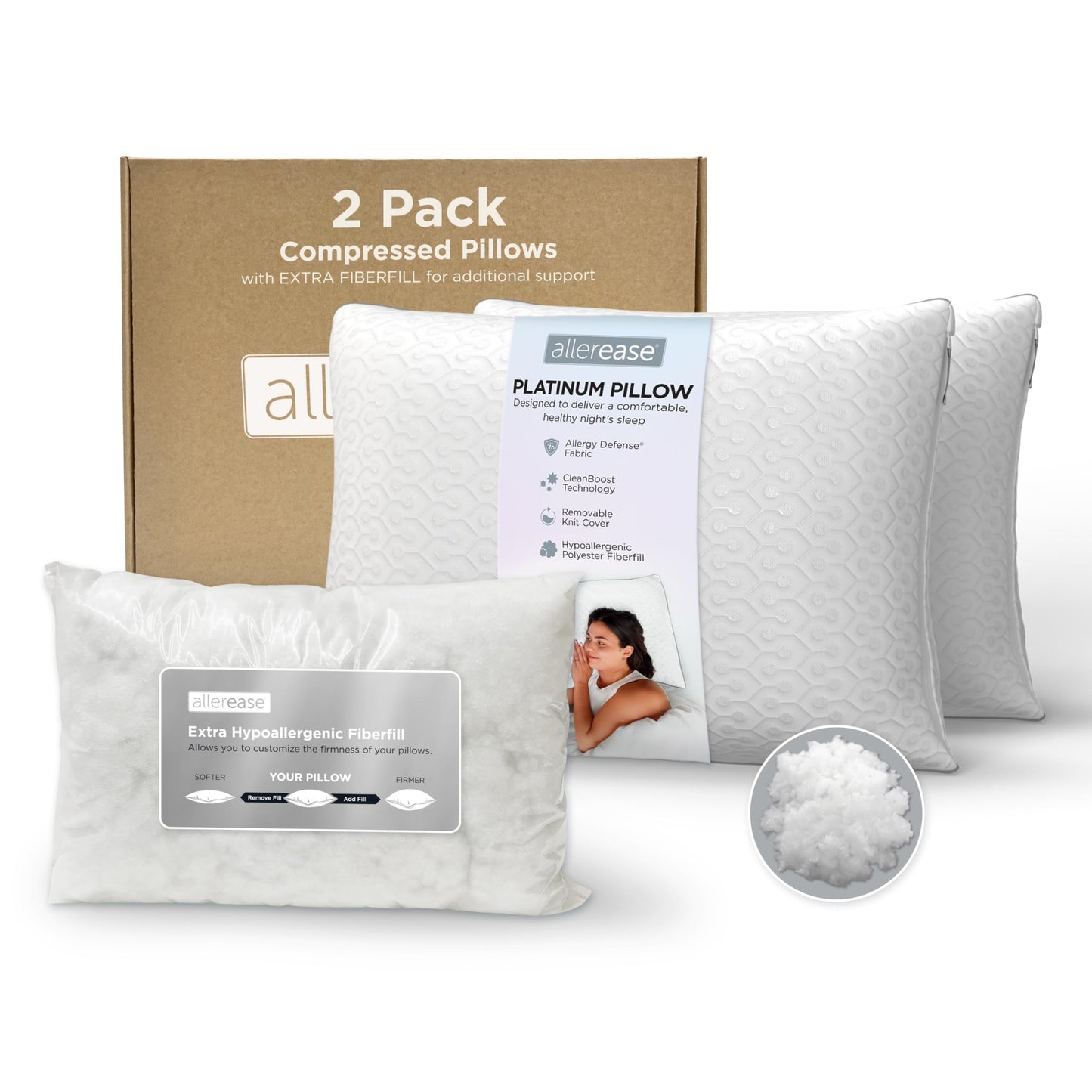  AllerEase Platinum 2-in-1 Adjustable Pillow, CleanBoost Allergen Barrier, Extra Fill, Standard/Queen - 2 Pack