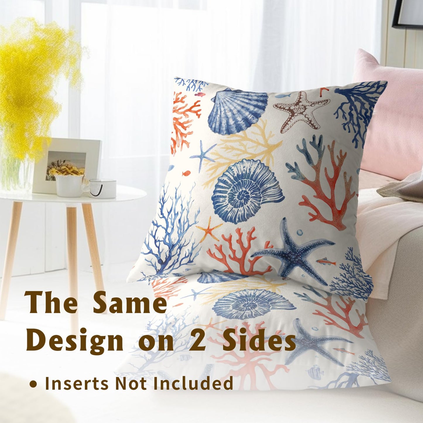 Mweet Nautical Coastal Throw Pillow Covers 18x18 Set of 2, Summer Ocean Beach Coral Decorative Pillow Cases Cotton Cushion Cover for Home Sofa Couch Wedding Anniversary Decor