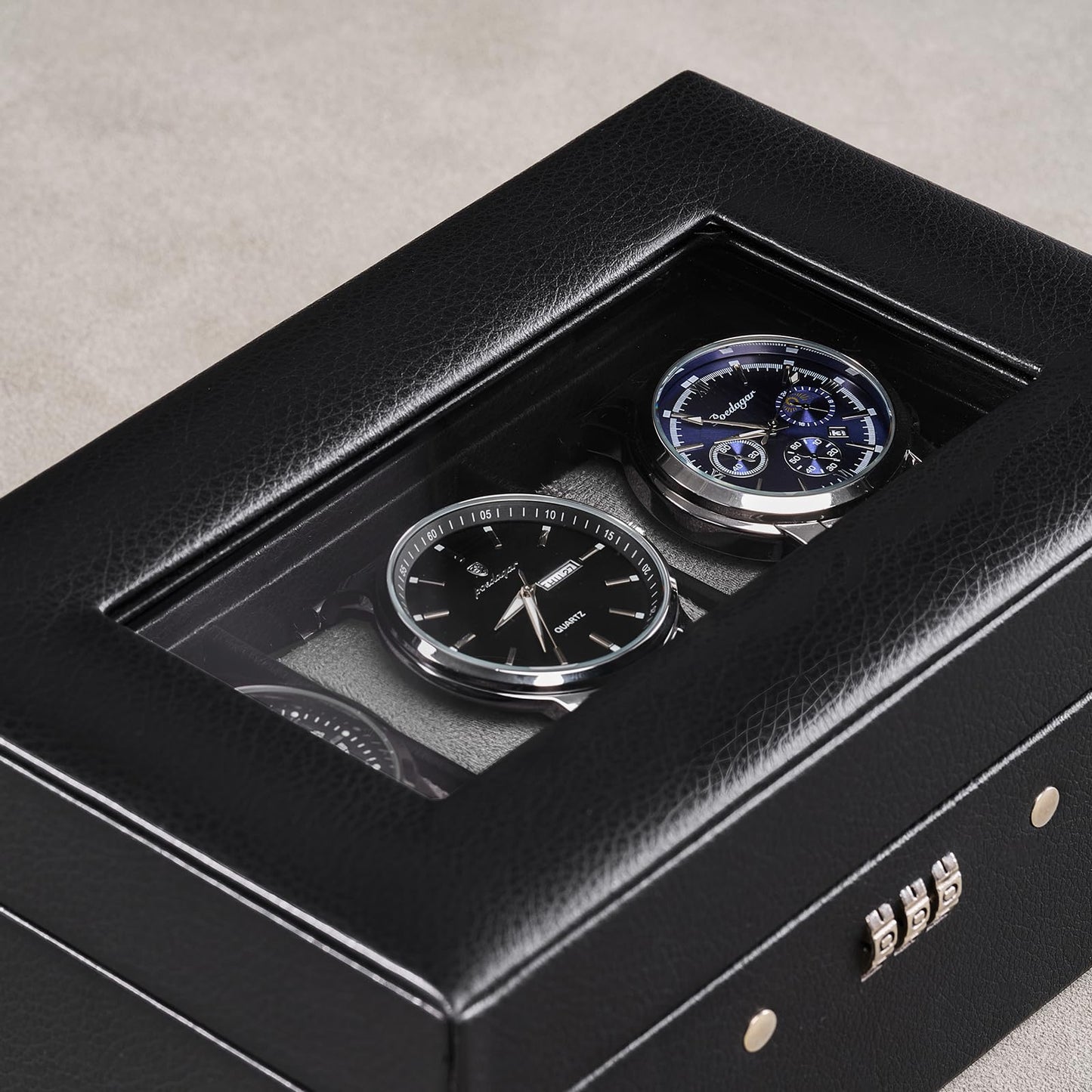 ProCase Lockable Watch Case, 3-Slot Display Storage Box with Glass Lid, Scratch-Free Velvet Lining & Combination Lock, Secure Watch Organizer for Men, Home, Office or Store Display - Black