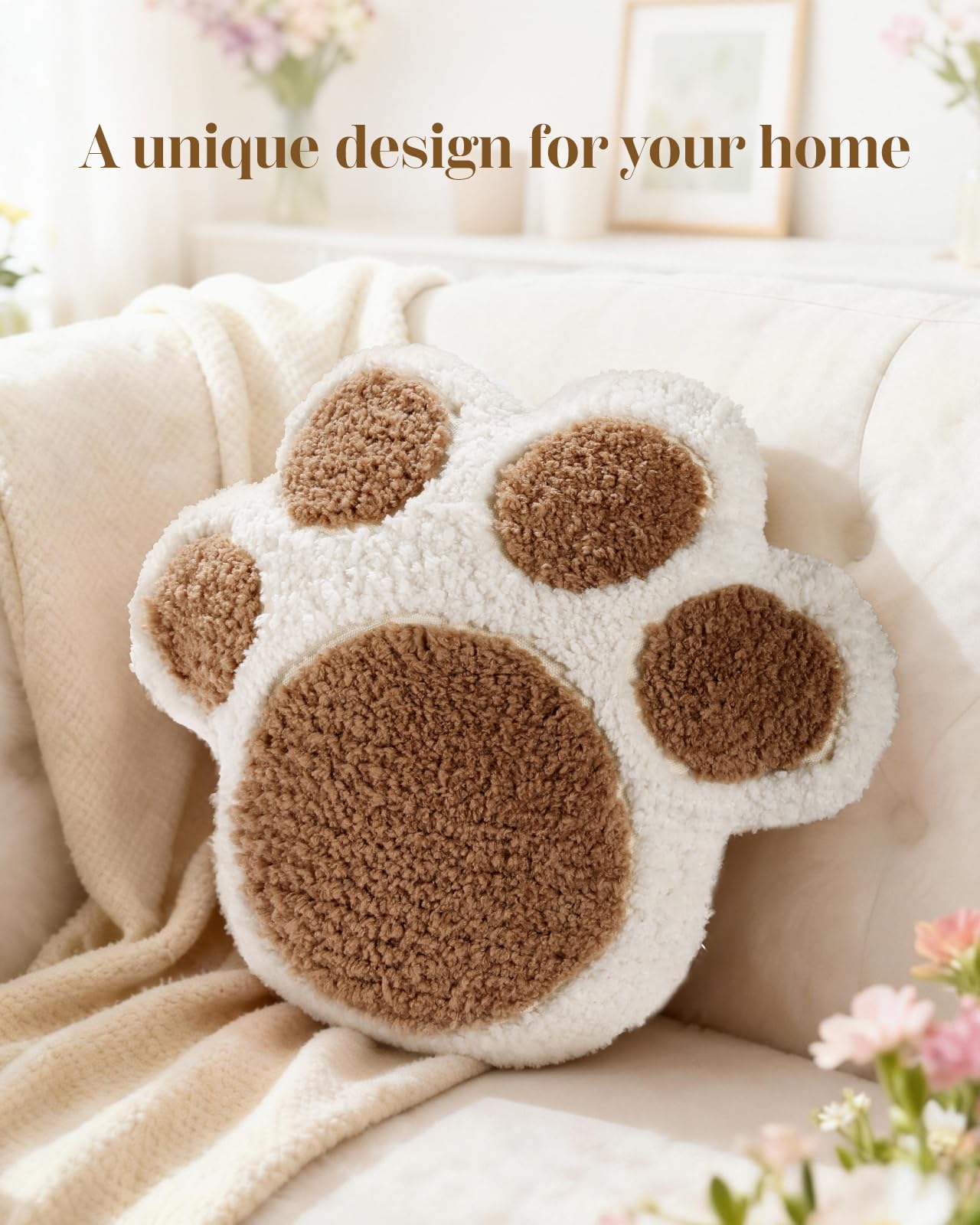 Kokaaee Paw Shaped Throw Pillow - Cute Decorative Plush Brown Animal Pillow for Couch, Sofa, or Living Room, 14.2" x 12.6" Soft Stuffed Dog Paw Cushion for Home Decor