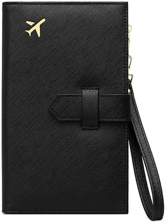 Waterproof Family Passport Organizer with RFID Blocking Genuine Leather Document Holder Card Slots Travel Wallet for Women Men Black (Black)