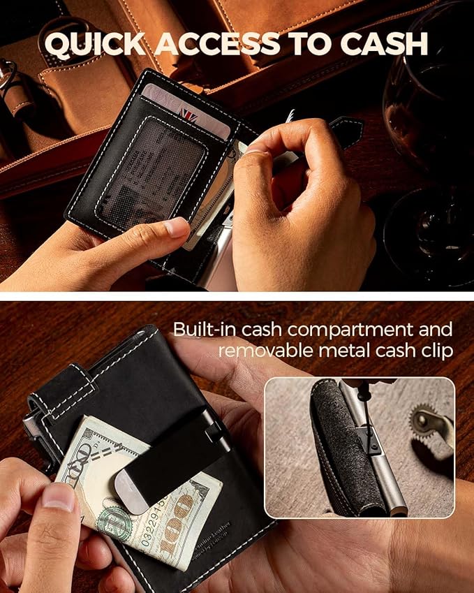 LORZOR Slim Wallet for Men with Security Latch, Pop Up Metal Card Holder Wallet, Finest Full Grain Leather Bifold Wallets, Smart, Minimalist, RFID Blocking, Front Pocket, ID Window