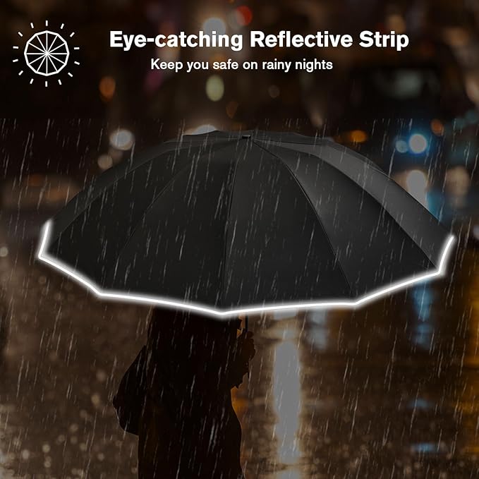 G4Free 42 Inch Eco Windproof Folding Umbrella for Rain & Sun 9 Ribs Wind Resistant Strong Fiberglass Double Canopy with Reflective Strip for Women Men Auto Open Close For Car & Backpack