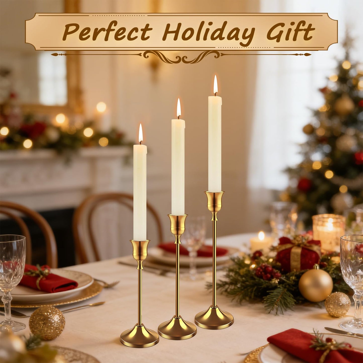 12 PCS (4 Sets) Brass Gold Taper Candlestick Holders - Vintage Metal Candle Sticks