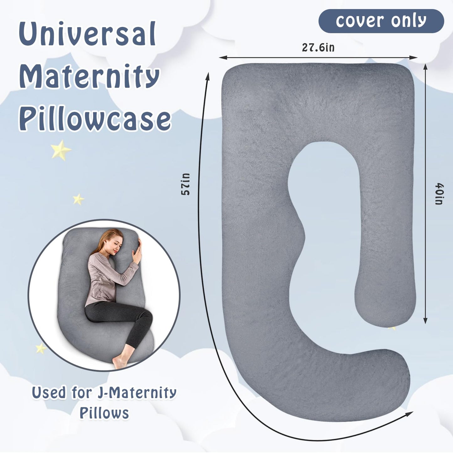 Pregnancy Pillow Cover J-shaped Replacement Pillowcase(Cover Only), Soft Full Body Pillow Case for Maternity Pillows, Provides Sleep and Pregnancy Support, 100% Velvet with Zipper, Universal Fit, Grey