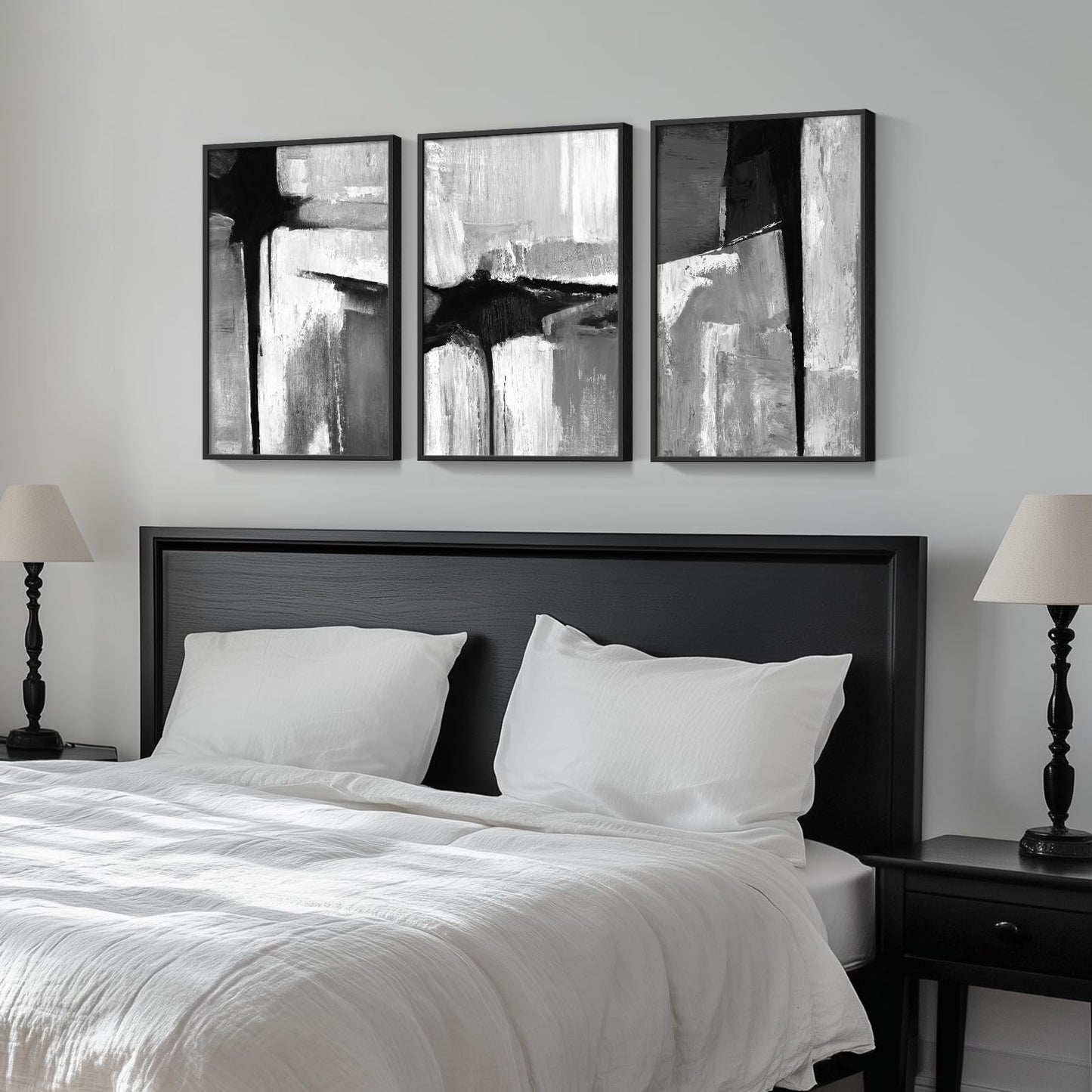 Framed Black and White Gray Modern Abstract Wall Art, Set of 3 Piece Big Canvas Paintings Artwork for Walls, Minimalist Art Prints Pictures for Living Room Hallway Bedroom Office Wall Decor 16x24 Inch