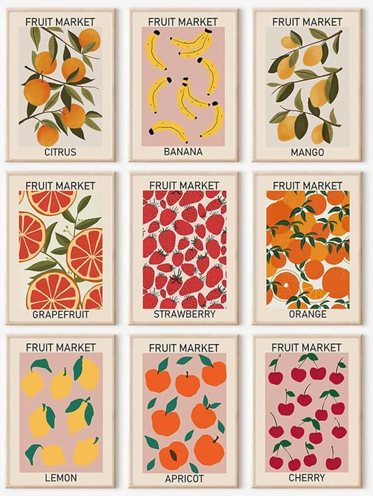 Fruit Market Wall Art Print Set of 9, Abstract Colorful Posters, Fruit Market Prints Lemon Orange Banana Strawberry Mango Grapefruit Kitchen Gallery Wall Decor, Canvas Paintings for Dining Room,