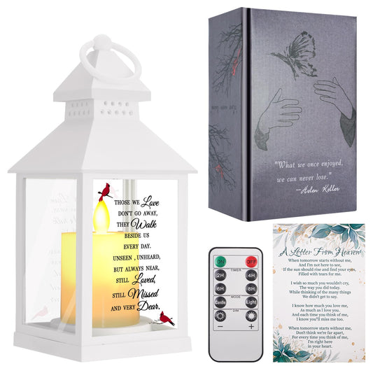 Sympathy Gifts for Loss of Loved One, Memorial Gift Lantern with Card, Bereavement Gift Candle Lights, Memory Lamp with Remote for Funeral Remembrance or Condolences (White)