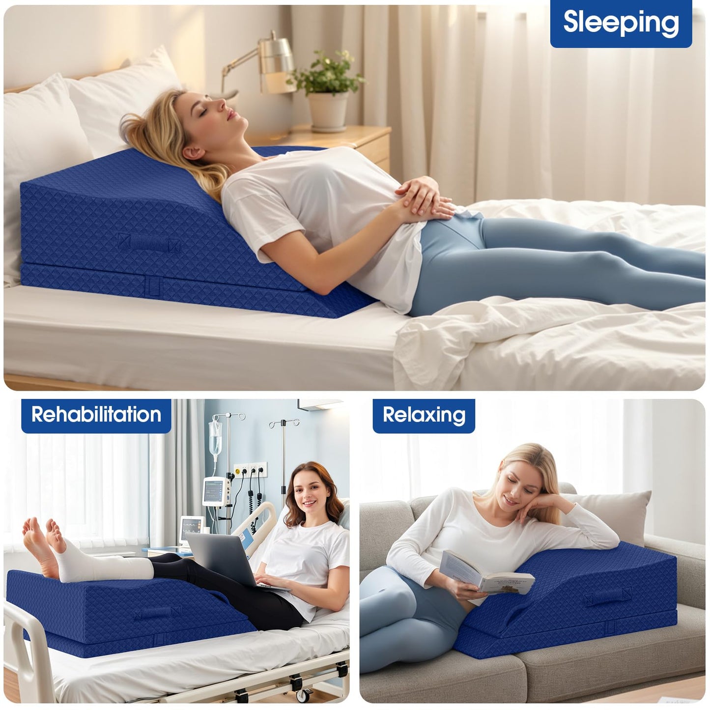 ComfyInLove Elevation Pillows for Leg After Surgery, Memory Foam Adjustable Wedge Pillow for Injury or Rest, Ankle Pillow for Sleeping Blood Circulation Blue/Double Leg