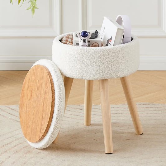 Mxfurhawa Storage Ottoman Foot Stool Teddy Velvet Round Vanity Stool Tray Top Footstool with Wood Legs Upholstered Foot Rest Ottoman for Living Room, Bathroom, Makeup (White)