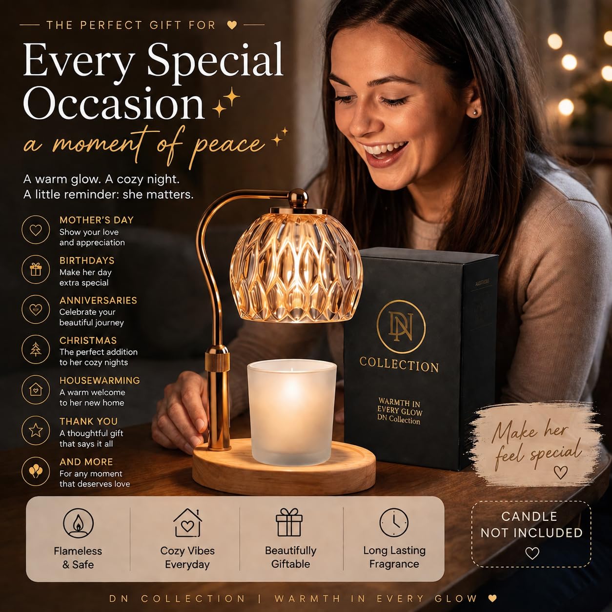 DN Collection Candle Warmer Lamp with Timer & Dimmer, Adjustable Height, Wax Melt Warmer for Jar Candles, Crystal Glass Shade, Wooden Base, Gold, Home Decor Gift