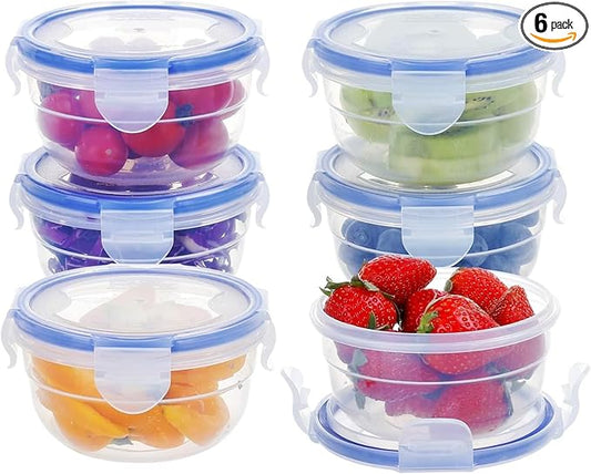 KIGI 10oz Round Plastic Food Storage Containers with Lids, Airtight Leak-Proof Small Bowls for Meal Prep, Snacks, Puree, Leftovers and Salad Dressing to Go, Microwave, Diswasher & Freezer Safe 6-Pack