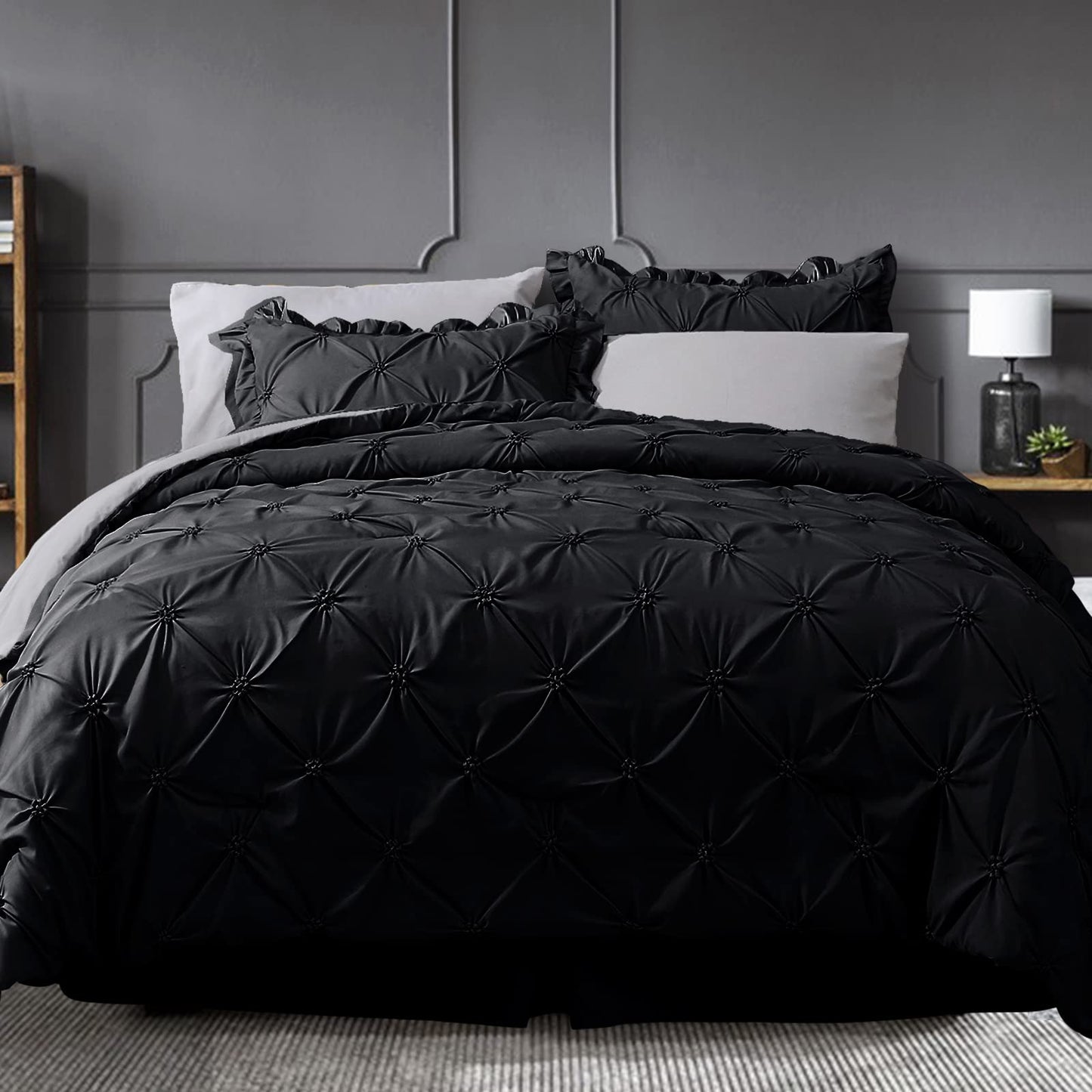 JOLLYVOGUE Queen Comforter Set 7 Pieces, Black/Gray Bedding Comforter Sets with Comforter, Sheets,Ruffled Shams & Pillowcases