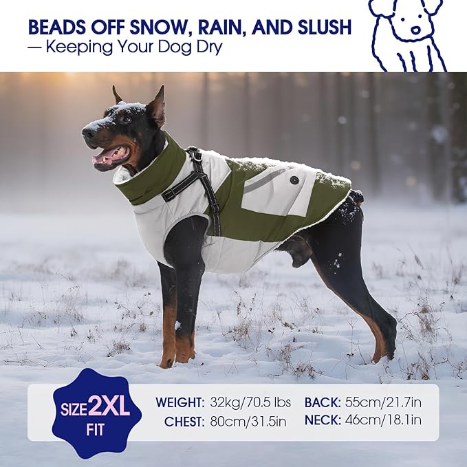 FUAMEY Dog Winter Jackets for Large Dogs,Dog Coat with Harness Built in,Waterproof Dogs Snowsuits Warm Pet Jacket Zip Up Fleece Cold Weather Coats Reflective Puppy Vest with Pocket Green L