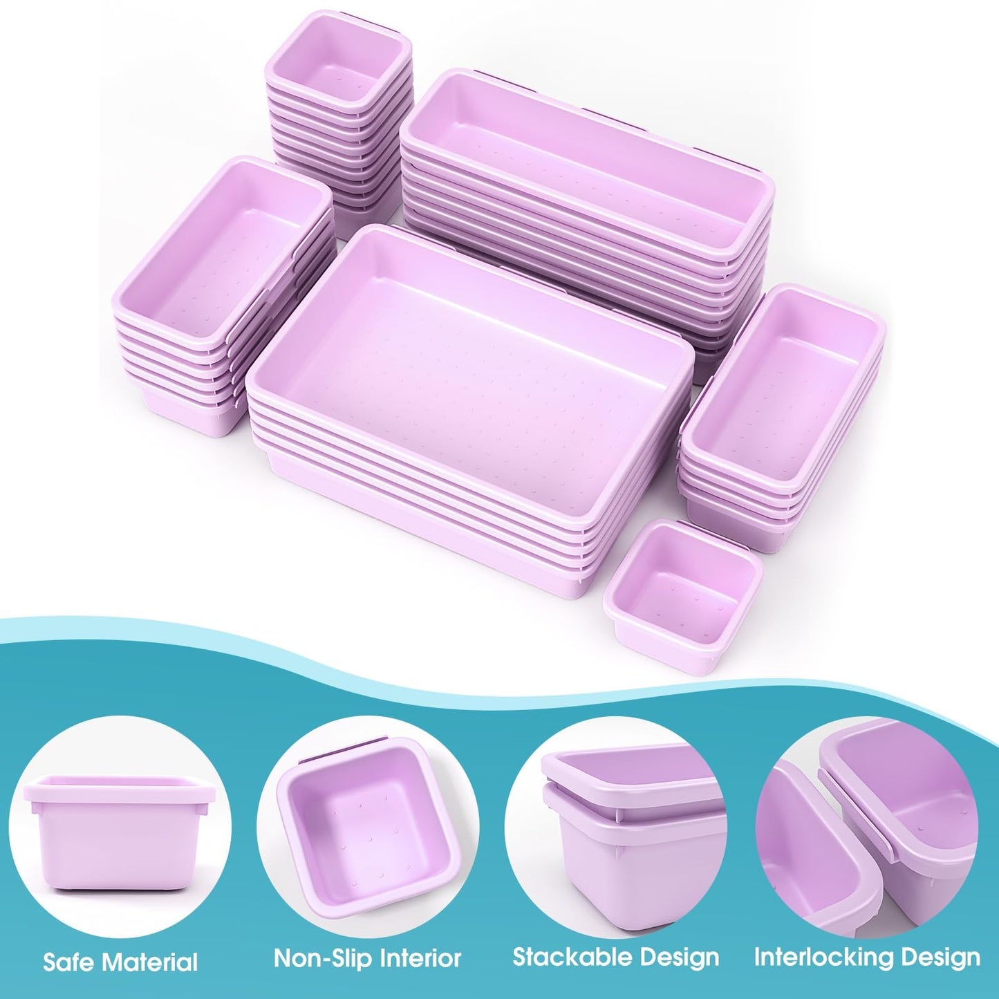 33 PCS Drawer Organizer Set, 4 Size Makeup Drawer Divider Organizer With Non-Slip Pads, Interlocking Plastic Storage Bins for Office,Jewelry Vanity,Gadgets, Bathroom,Kitchen, Purple