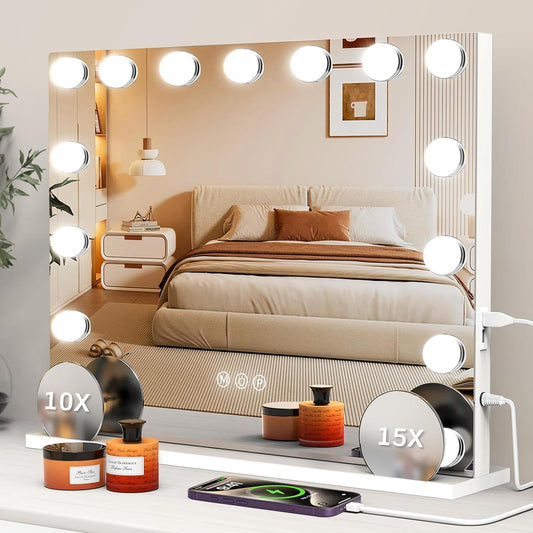 VESAUR Hollywood Vanity Mirror with 10X/15X Magnification and Lights, USB/Type-C Port Makeup Mirror with 15 Dimmable LED Bulbs, 3 Color Modes, Tabletop & Wall Mount for Bedroom, Aluminum（23"x18"）