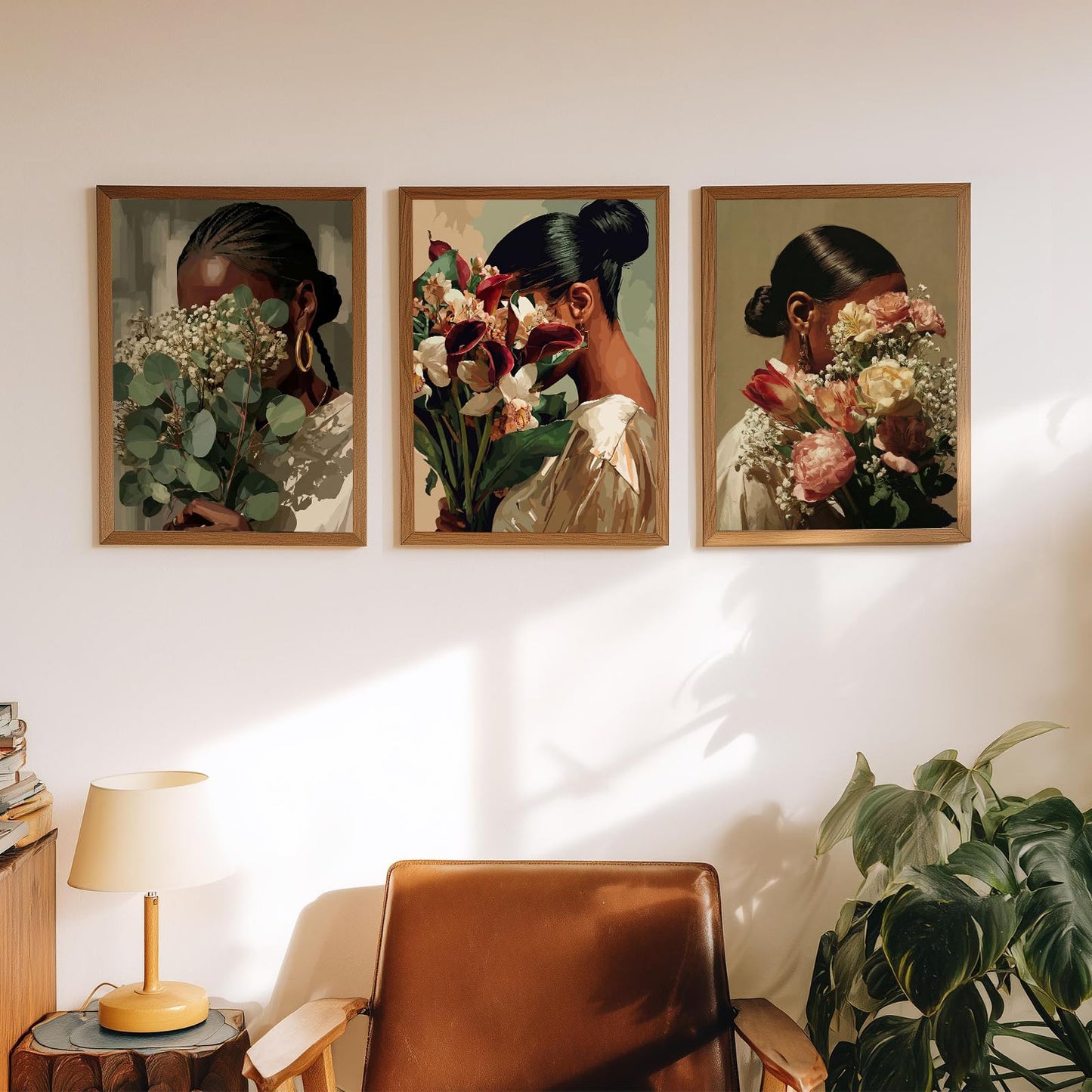 Black Woman Flower Wall Art Set of 3 African American Woman Canvas Wall Decor Black Girl Canvas Posters Trendy Boho Artwork Aesthetics Prints for Home Bedroom Living Room Dorm 12x16 Inch, Unframed
