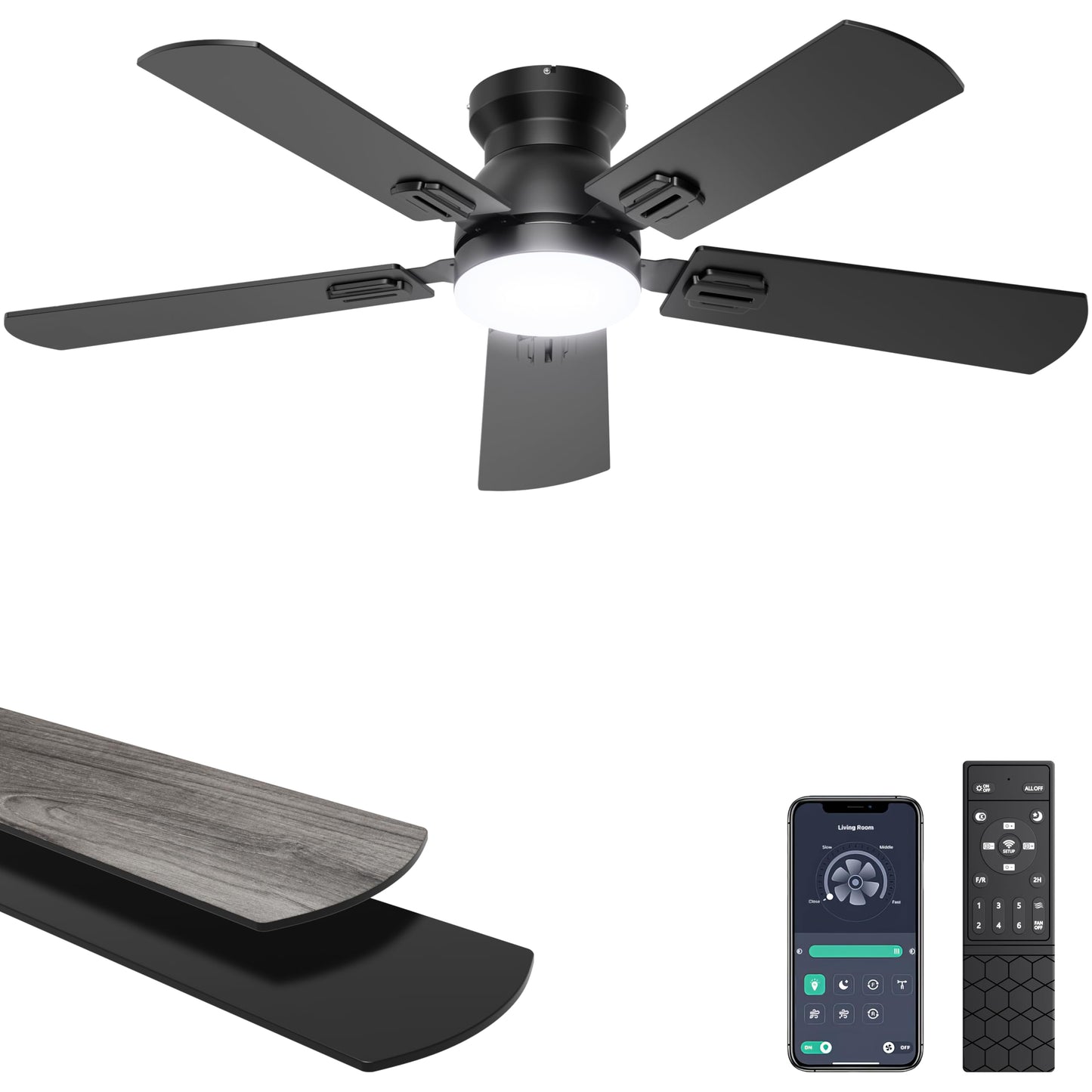 Ohniyou Ceiling Fans with Lights, 42 Inch Low Profile Ceiling Fan with Light and Remote/APP Control, Flush Mount, Dimmable, Quiet DC Motor, Black Small Indoor Ceiling Fan for Bedroom, Kitchen