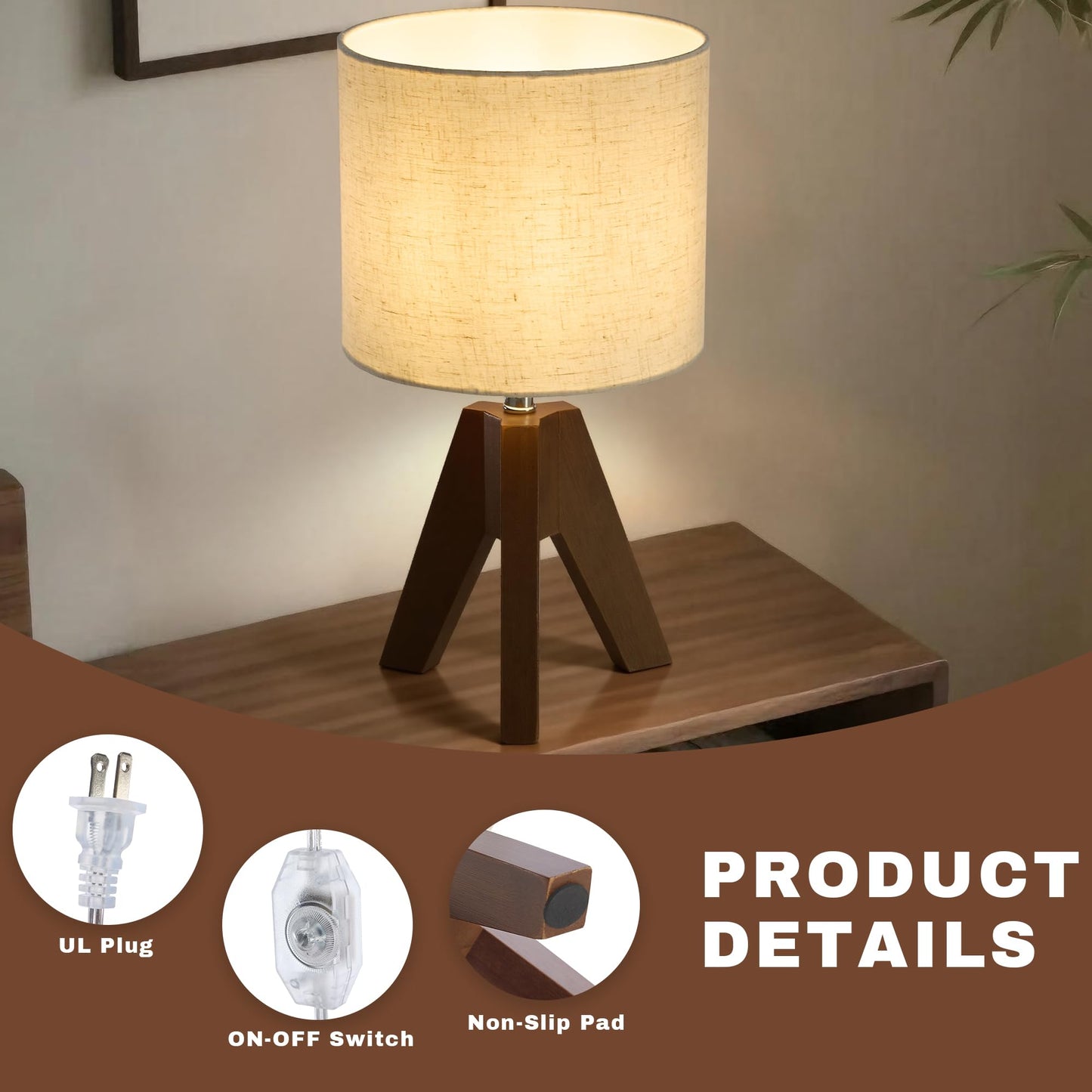 Booniture Set of 2 Tripod Table Lamps,Stepless Dimmable Small Bedside Lamps with Beige Linen Shade, Boho Modern Nightstand Lamps for Bedroom Living Room Office,E26 Socket, Walnut