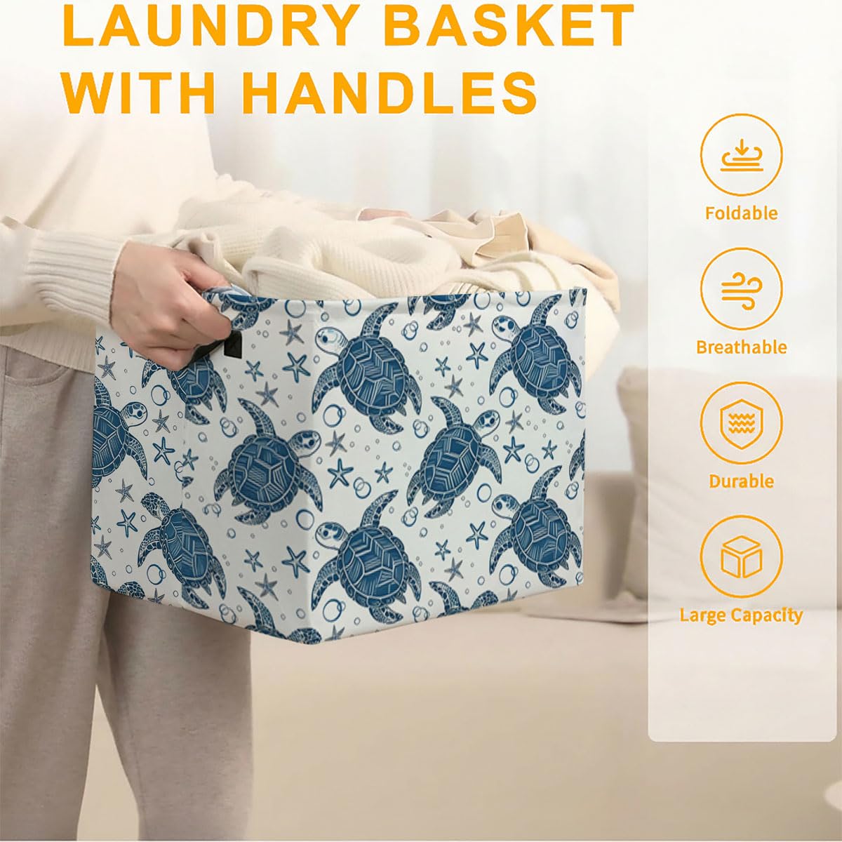 56L Sea Turtle Foldable Square Laundry Hamper with Handles – Large Clothes, Blanket & Toy Storage Basket for Home Organization.