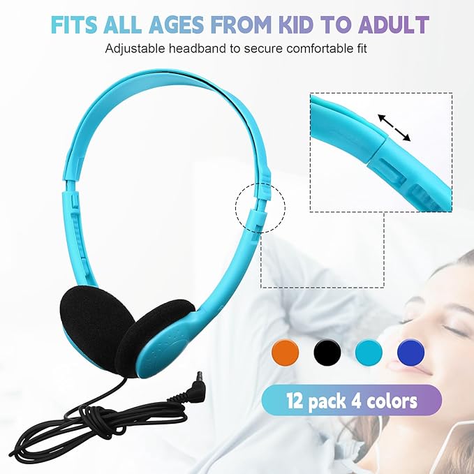 Konohan 32 Pack Headphones Bulk for School Student Classroom Set of Headphones Wire Headset Adjustable with 3.5 mm Jack for Adult (Light Blue,Orange,Blue,Black)