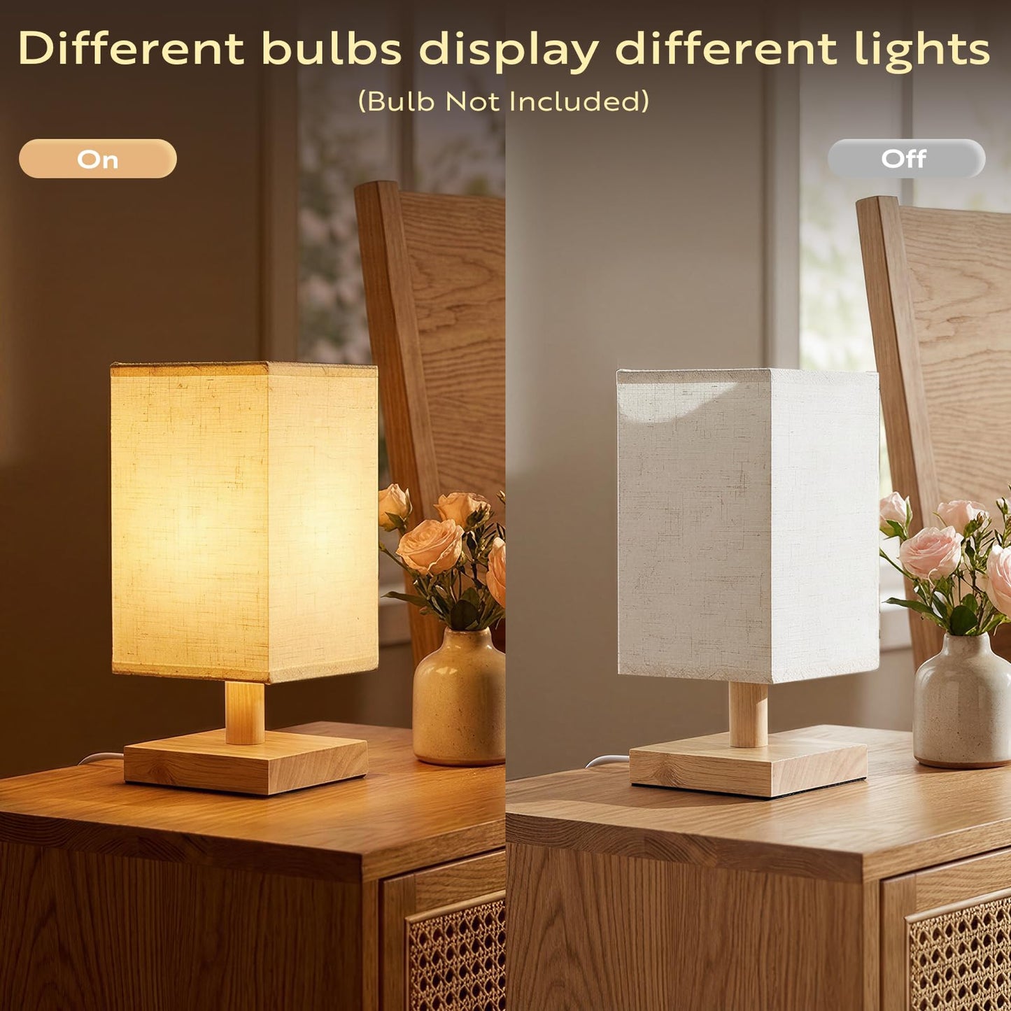 Oizuon Small Table Lamp Set of 2, Square Short Bedside Lamps 2700K Warm LED with Linen Shade & Wood Base, USB Mini Nightstand Lamps for Bedroom Living Room