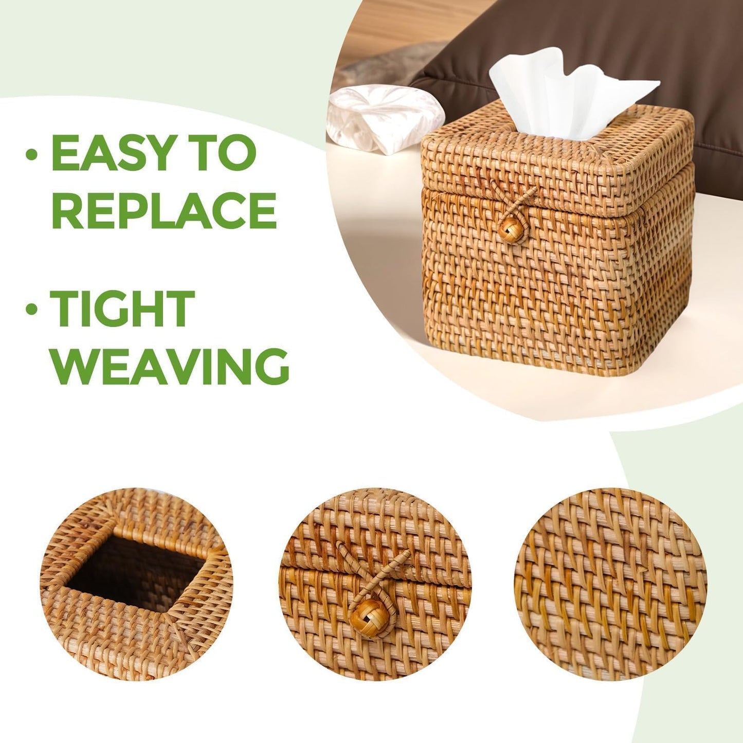 Rattan Tissue Box Cover Square, Handwoven Wicker Tissue Box Holder with Hinged Top Lid, Decorative Tissue Holders for Bathroom Living Room Kitchen Office, Natural
