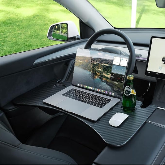 YONZEE Foldable Desk Food Tray (Carbon Edition) for Tesla Model Y Model 3 S X Y Juniper- Upgraded Table with Support Leg for Dining, in-Car Work, Travel and Outdoor (1 Pack)