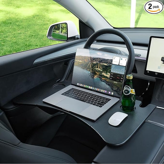 YONZEE Foldable Desk Food Tray (Carbon Edition) for Tesla Model Y Juniper Model 3 - Upgraded Table with Support Leg for Dining, in-Car Work, Travel and Outdoor (2 Pack)