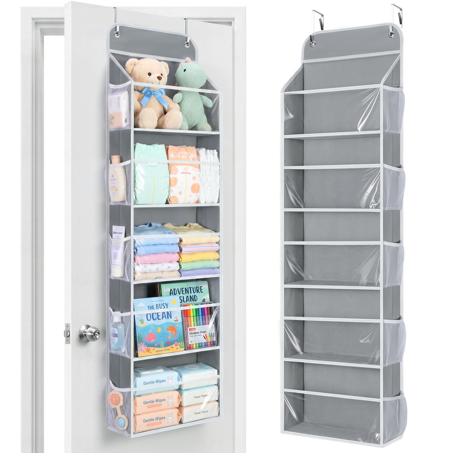 Yecaye 5-Tier Over the Door Organizer Hanging, Toy Stuffed Animal Storage, Behind the Door Storage with 5 Clear View Windows & 10 Side Pockets, Over the Door Storage for Bathroom Closet Nursery, Grey