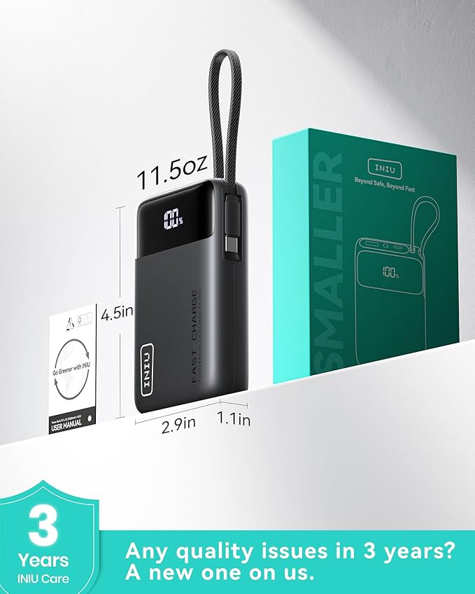 INIU Portable Charger, Compact 20000mAh Power Bank with Build in USB-C Cable, 45W Fast Charging Mini Powerbank, Flight Cruise Ship Travel Essentials Phone Charger for College Student Boys Girls, Red