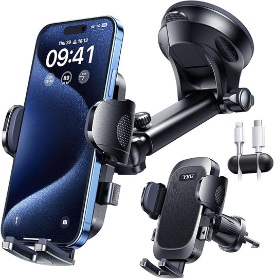 YRU True Military-Grade [360° Rotation Suction] 2025 Ultimate Car Phone Holder Mount 【90+LBS Safest Strongest & Patent Certs】 Dashboard Windshield Vent for iPhone 17 16 Pro Max Samsung, Jet Black