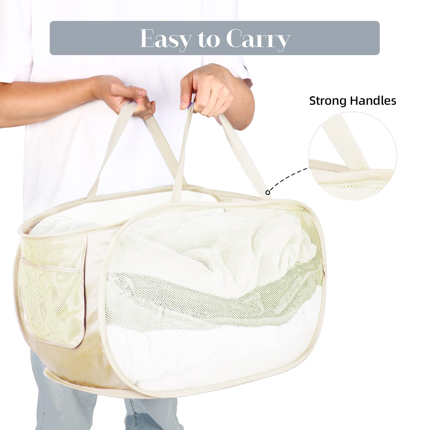 Durable Collapsible Laundry Baskets, Mesh Pop Up Laundry Hamper with Side Pocket, Foldable Clothes Hamper with Reinforced Carry Handles for Laundry, Bathroom, Kids Room, Dorm or Travel 2 Pack Beige