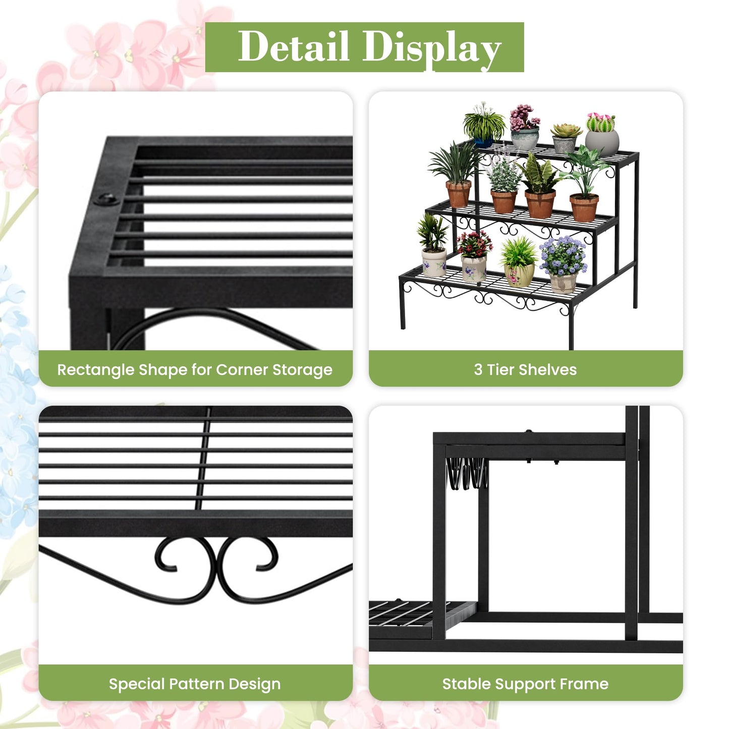 SIMHOMSTOR Plant Pot Stand Shelf, 3 Tier Flower Ladder Display Rack, Metal Succulent Plants Storage Holder for Outdoor and Indoor, Black