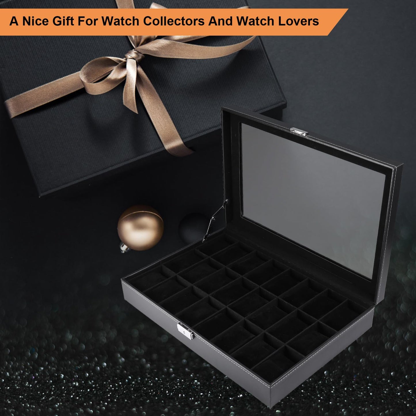Artilife 24 Slot Watch Box for Men,Watch Cases for Men,Watch Display Case,Glass Top,PU Leather Display Storage Collection Organizer Jewelry Case Watch Organizer with Removable Pillows Black
