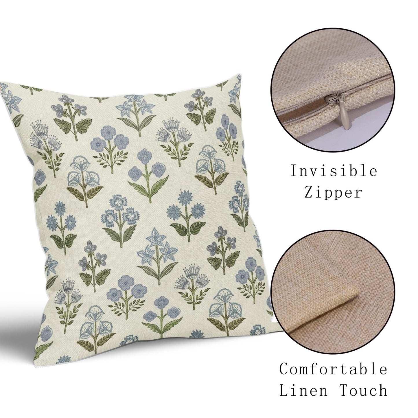 Sivirary Blue Green Block Print Floral Pillow Covers 18x18 Inch Set of 2