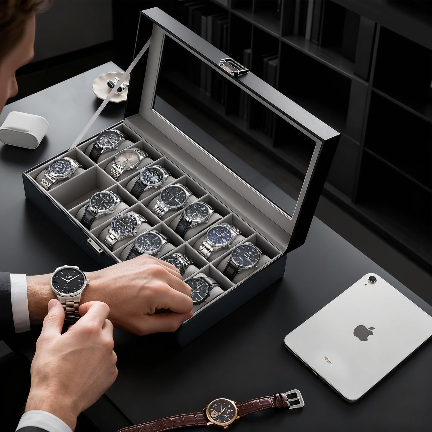 ProCase Watch Case for Men, 14 Slot Mens Watch Box Holder Organizer with Glass Lid, Watch Display Case, Fathers Day Gift for Dad Husband, Birthday Valentine Gifts for Men Women -14 Slot, Black