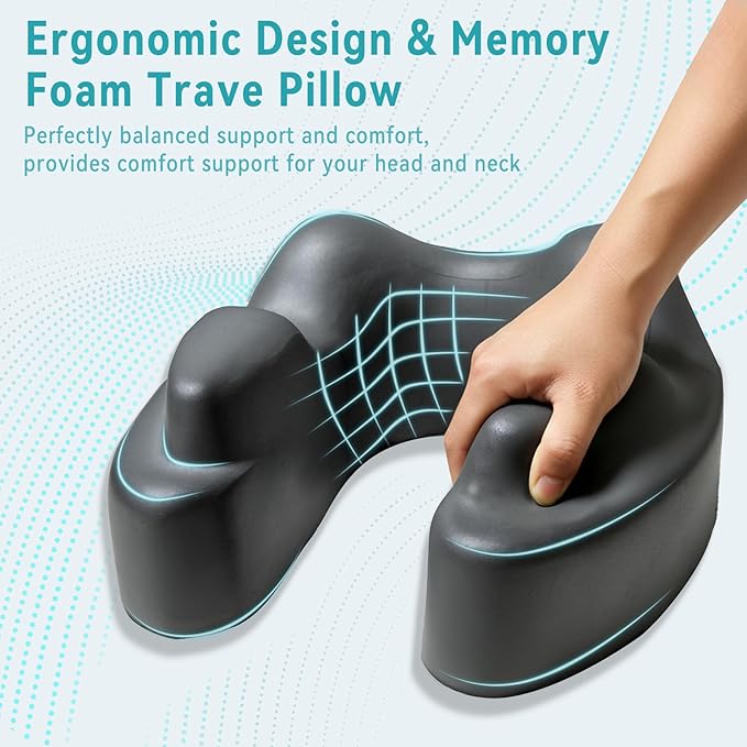 Travel Pillow for Airplane, Memory Foam Airplane Neck Pillow for Long Flight Sleeping, Soft, Comfort Portable Travel Neck Pillow for Flight, Drive, Work, Rest, with Storage Bag