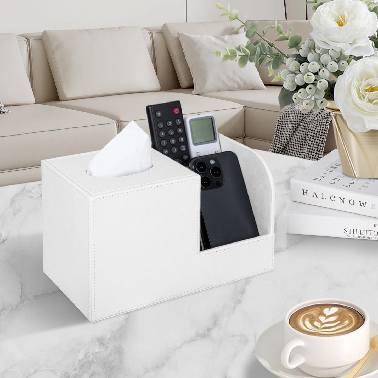 JLAMBOM PU Leather Tissue Box Cover with Remote Control Holder, Square Tissue Box Holder for Living Room Bathroom Office (Cream-White)