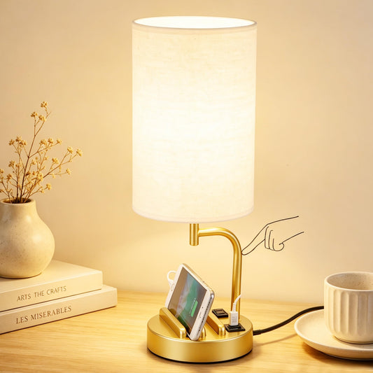 Dreamholder Touch Control USB Table Lamp with USB C/A & AC Outlet, 3-Way Dimmable Bedside Lamp, Modern Nightstand Lamps for Bedroom Living Room Guest Room Office, Bulb Included, Gold